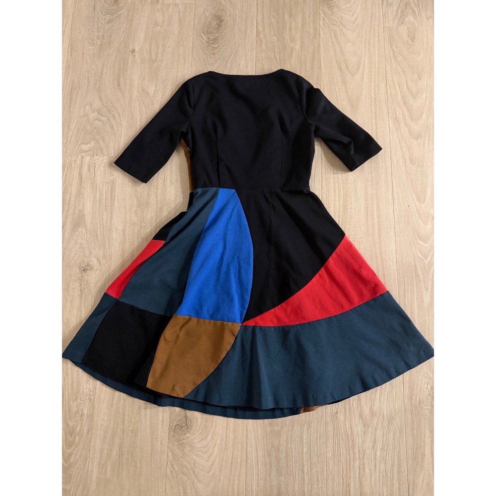 Boden Colorblock Fit Flare Dress Womens 6 Black Multi Geometric Jersey Knit - Picture 7 of 9